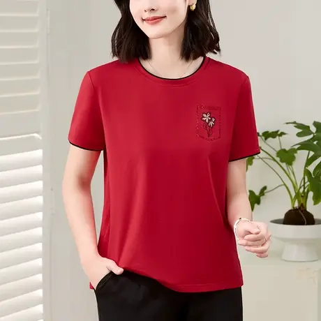 精致设计感纯棉短袖t恤洋气中年妈妈夏装上衣大码女装圆领体恤衫商品大图