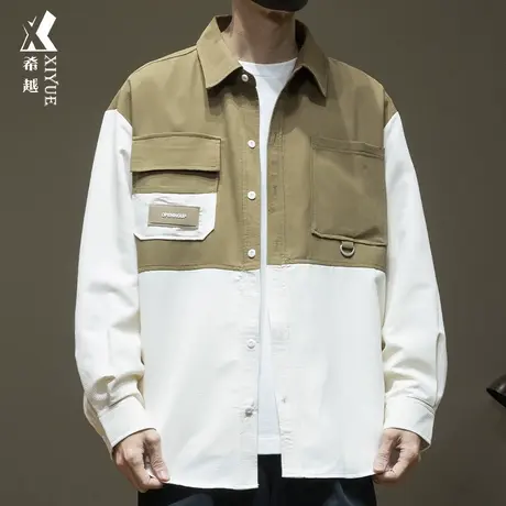 希越美式休闲长袖衬衫男2024春秋款潮牌撞色男士衬衣宽松大码外套商品大图