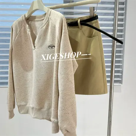 芝麻点半开圆领卫衣女宽松百搭字母小刺绣休闲个性毛圈棉上衣春秋图片