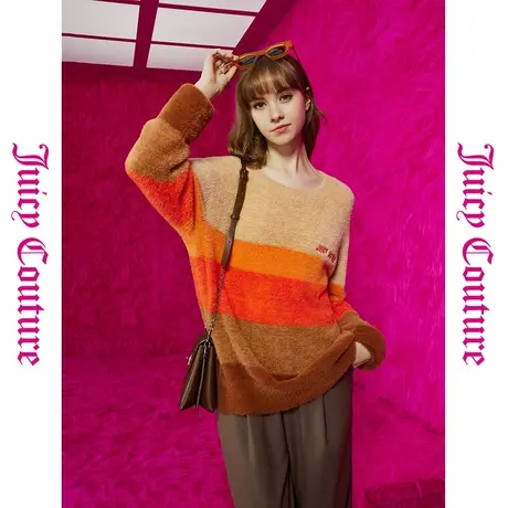 Juicy Couture橘滋初秋冬新款落日霞影绣花彩条羽毛纱圆领毛衣商品大图