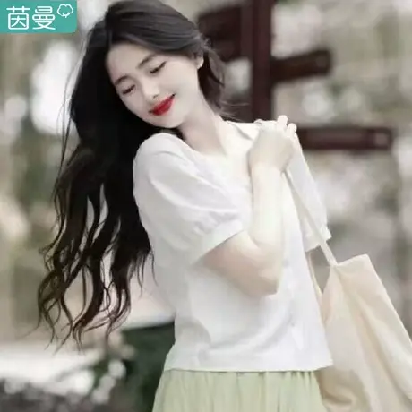 茵曼白色短袖t恤女2024新款夏季女装法式方领宽松上衣女款体恤衫商品大图