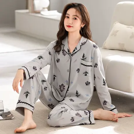 婷美春秋季睡衣女士纯棉长袖开衫翻领甜美休闲大码全棉秋冬家居服商品大图