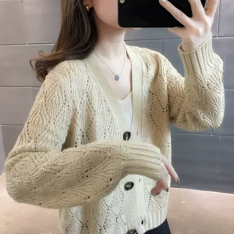 针织开衫女2023春季新款韩版V领纯色勾花镂空外搭长袖毛衣外套潮商品大图