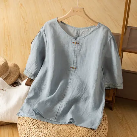 享永子中袖苎麻上衣女文艺复古宽松显瘦棉麻T恤衬衫2023夏季新款图片