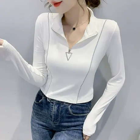 女装2023新款潮时尚拉链T恤修身洋气上衣半高领打底衫女长袖春秋商品大图