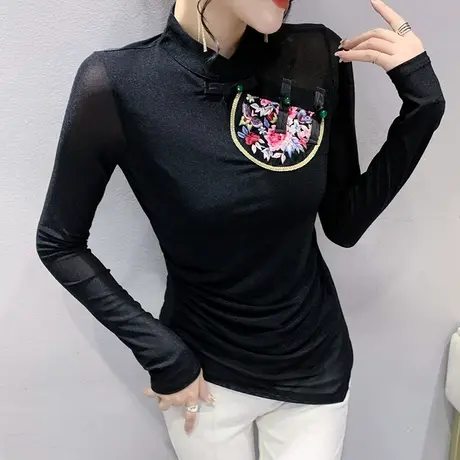 复古盘扣打底衫女长袖中国风性感网纱T恤不规则下摆收腰紧身上衣商品大图