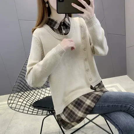 拼接毛衣女2022年秋装新款爆款中长款外穿衬衫领假两件针织打底衫商品大图