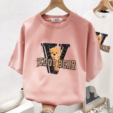 2022早春新款韩国东大门亮片水钻字母磨毛加厚半袖T恤欧洲站大码图片