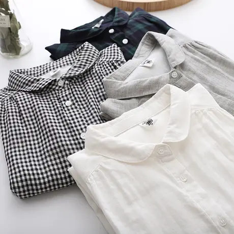 双层棉纱浅灰白色衬衫女纯棉长袖娃娃领洋气复古港味春秋打底上衣商品大图