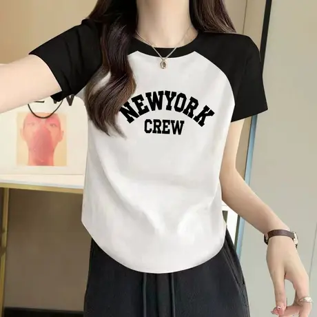 插肩短袖正肩女t恤夏季小个子洋气显高上衣2023新款修身短款小衫图片