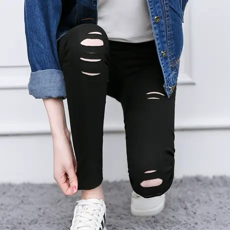 破洞打底裤女外穿夏季薄款高腰显瘦黑色春秋九分裤紧身小脚长裤子商品大图