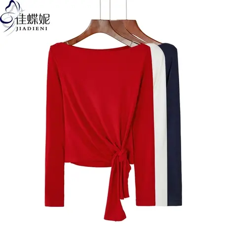 秋冬新款韩版一字领修身纯棉绑结喜庆拜年红长袖体恤上衣女打底衫图片