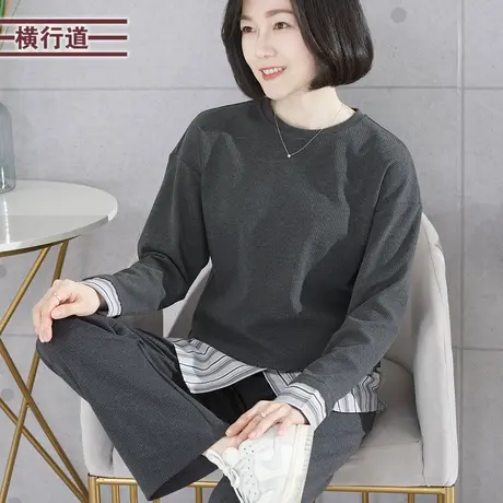 2023冬季新款简约圆领宽松显瘦拼接复古条纹长袖韩版大码女装上衣图片