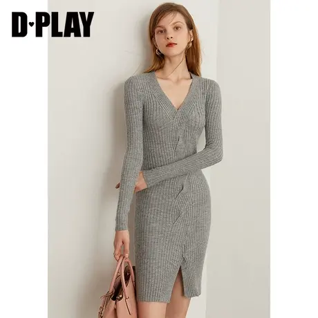 DPLAY德帕拉秋装新款花灰色ins风修身显瘦深V领针织连衣裙图片