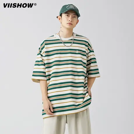 VIISHOW日系潮牌条纹圆领短袖T恤男夏季宽松情侣百搭半袖tee图片