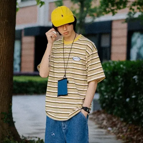 奕飏潮牌复古条纹圆领短袖街头国潮五分袖t恤男宽松夏季半袖体恤商品大图