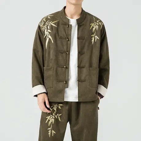 中国风夹克男国潮刺绣唐装搭配男装一套装麂皮绒外套新中式中山装商品大图