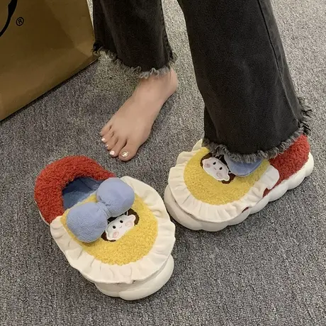 加绒棉拖鞋女可爱保暖冬季包跟棉鞋室内居家用防水厚底踩屎感外穿图片