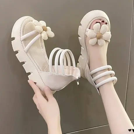 花朵凉鞋女夏季2023年新款仙女风时尚配裙子厚底防滑高帮罗马鞋子商品大图