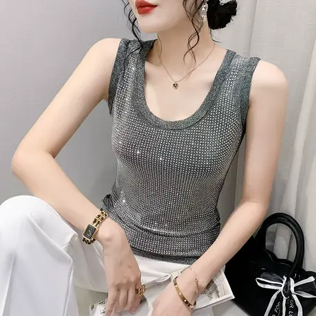 网红闪闪亮烫钻背心女内搭2024夏新款设计感小众上衣气质圆领小衫商品大图