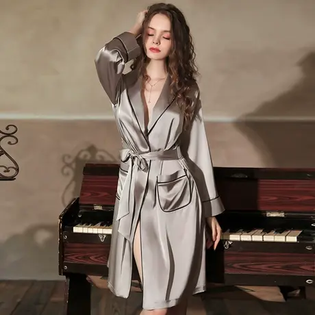 性感睡衣女冰丝绸缎睡袍诱惑睡裙浴袍晨袍长款家居服秋冬季高档次图片