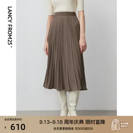 朗姿气质法式高腰垂坠感显瘦微喇长裙褶皱半身裙2023秋季新款裙子商品大图