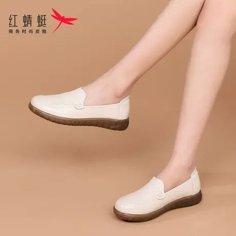 红蜻蜓女鞋春秋软皮软底一脚蹬懒人鞋皮鞋女真皮牛皮牛筋底妈妈鞋商品大图