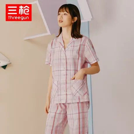 三枪家居服女纯棉纯棉彩格翻领开襟短袖长裤宽松轻薄睡衣睡裤套装商品大图