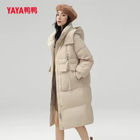 鸭鸭羽绒服女2023年秋季新品中长款连帽纯色韩版休闲加厚外套W商品大图