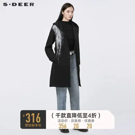 sdeer圣迪奥冬季休闲连帽撞色印花收腰长款毛呢大衣女S20481807图片