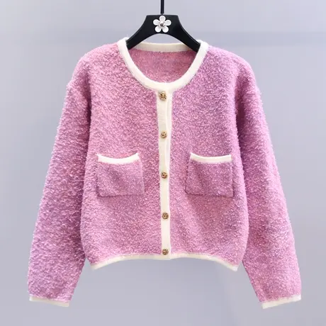 小香风软糯粉色毛衣外套女秋冬2023新款宽松高级感洋气针织开衫商品大图