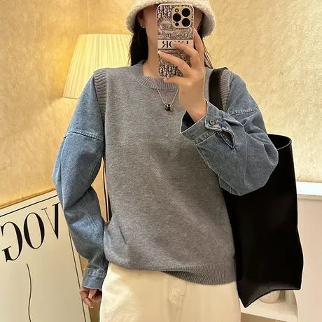 假两件女毛衣牛仔拼接套头针织衫2023年秋季新款韩版宽松女上衣潮图片