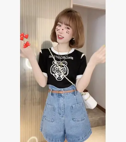 2023春夏新款撞色老虎头图案短袖T恤女士小众设计感百搭上衣ins潮商品大图