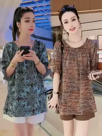 复古文艺一字肩上衣2023夏季新款气质宽松显瘦时尚印花雪纺衫爆款商品大图