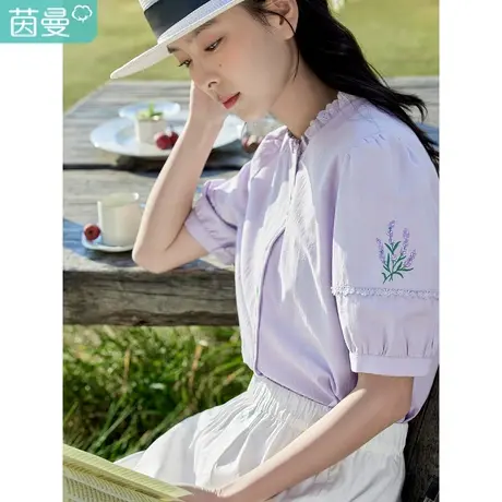 茵曼文艺清新衬衣2023夏季女装新款纯棉花边圆领泡泡袖绣花衬衫商品大图