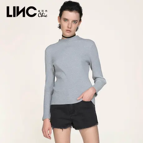 断码清仓LINC金羽杰2023秋新款纯色长袖T恤女短款修身圆领打底衫商品大图