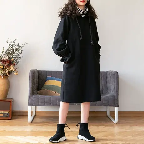 胖妹妹秋冬新品加绒保暖连帽卫衣裙 微胖文艺复古抓绒加厚针织裙商品大图