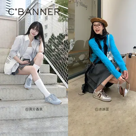 千百度羊皮时尚休闲鞋女款2025春季新款薄底德训鞋舒适运动跑步鞋商品大图