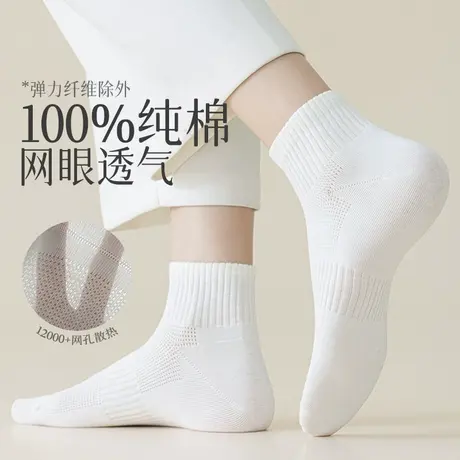 袜子女白色短袜纯棉夏季薄款网眼吸汗透气纯色棉袜运动短筒女袜商品大图