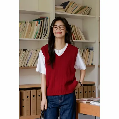 弥古红色v领100%羊毛针织衫马甲女2025春季叠穿毛衣背心无袖上衣商品大图