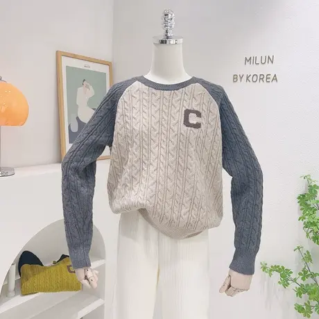 ins韩系休闲复古慵懒风麻花粗针毛衣秋冬短款小众拼色针织衫加厚图片