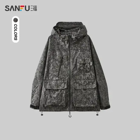 三福2023冬男士隔水拉链长棉衣 休闲运动风宽松连帽外套476139图片