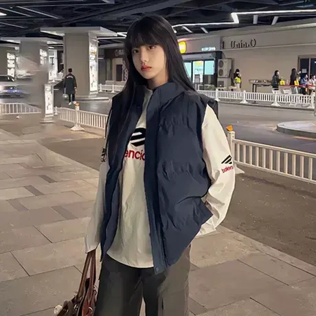 藏青色美式背心羽绒马甲男款冬季轻薄高级感cleanfit坎肩棉服外套商品大图