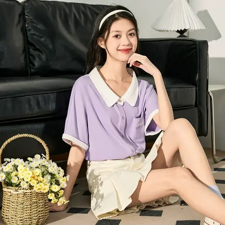 唐狮夏季新款短袖衬衫女拼接撞色设计感甜美小衫简约上衣紫色图片