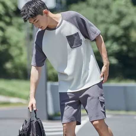 唐狮运动套装男华夫格套装男夏季新款休闲拼接短袖T恤套装男商品大图
