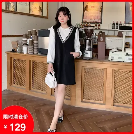 2023秋新款拼接撞色假两件休闲显瘦直筒宽松大码胖MM气质连衣裙商品大图