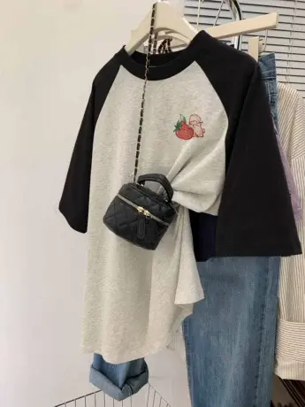 vintage拼接插肩短袖T恤女2023夏季新款大码宽松ins潮牌别致上衣商品大图