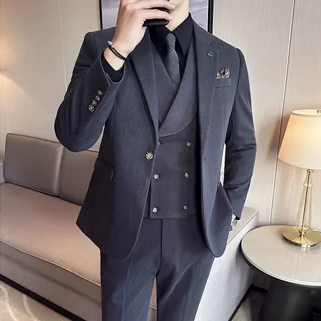 宽条纹毛呢西装男秋冬加厚保暖外套商务痞帅结婚宴会礼服男三件套图片