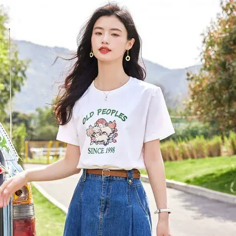 时尚气质印花短袖T恤2023年夏季新款女士温柔简约宽松薄款上衣图片