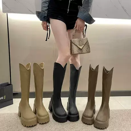 靴子女2023年新款秋款爆款显瘦粗跟长筒靴气质春秋高跟厚底瘦瘦靴图片